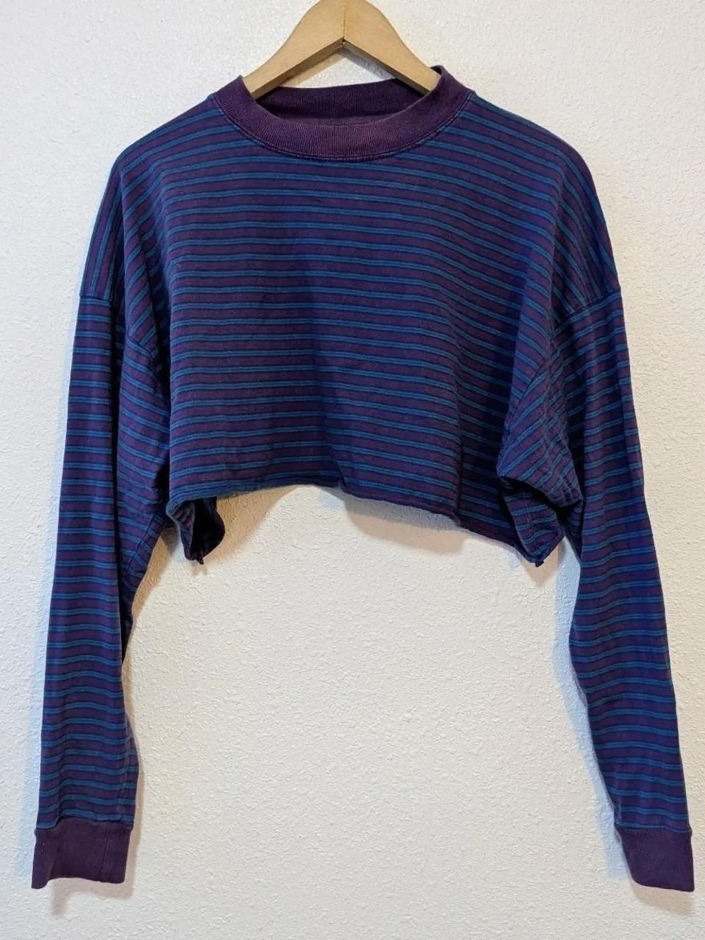 BDG Striped Teal & Purple Cropped Long-Sleeve Top